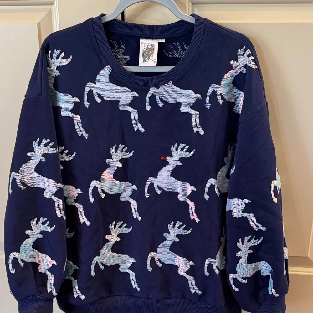 Queen of Sparkles Navy Sweatshirt with Sequin Reindeer and Rudolph New Listing - Picture 5 of 10